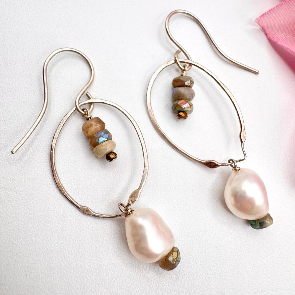 Pearl & Labradorite Bead Silver Wire Dangle Earrings Beach Wedding Mermaidcore